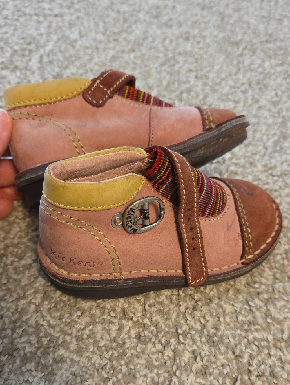 Kickers Pink and Brown Leather Kids Ankle Boots with Yellow Collar
